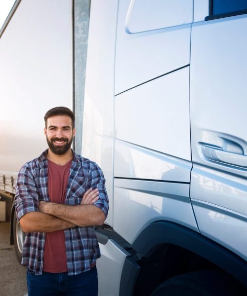 Portrait,Of,Young,Bearded,Man,Standing,By,His,Truck.,Professional